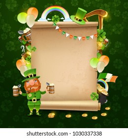 St patricks day scroll frame with leprechaun, beer, rainbow, harp, irish flag, pot of gold vector illustration  