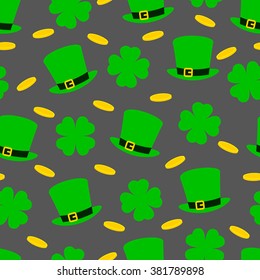 St. Patrick's day. Seamless background. Vector illustration. Hats, coins and clover.