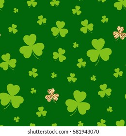 St. Patrick's day. Seamless background green clover. Vector illustration.
