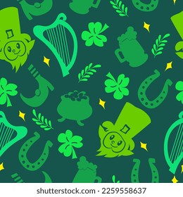 St. Patrick's Day nahtloses Muster mit Fancy Elements Shamrock, Leprechuns, Bier, Harp, Horseshoe. St. Patrick's Day Elements auf grünem Hintergrund. Website-Spooky, Hintergrund oder Banner 