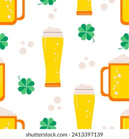 St. Patrick's day seamless with beer and luck clover leaves. Modern irish repeating texture design. Flat vector illustration