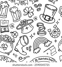 St. Patrick's Day Seamless black and white pattern with leprechaun hats, clovers, beer mugs, gold coins, rainbow and horseshoes for holiday background, coloring pages, festive design. Vector