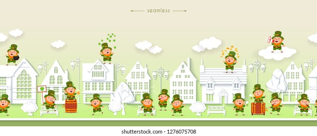 St. Patricks Day, seamless border with funny leprechauns on the background of the street of white houses, paper cut, vector horizontal pattern