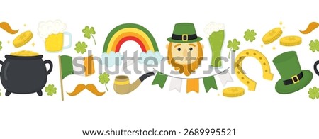 St. Patrick's day seamless border. Horizontal pattern with Leprechaun, rainbow, gold coins, cauldron, beer, garland etc
