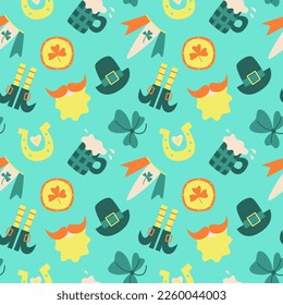 St Patrick's Day seamless doodle pattern. Celebration of Irish holiday, leprechaun clover, gold horseshoe, beer etc. Background for wrapping paper, clothes, festive decor. Trendy retro print. Vector