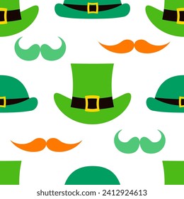 El día de San Patricio sin fisuras con sombrero de leprechaun y bigote. Diseño de textura repitiendo irish moderno. Ilustración vectorial plana