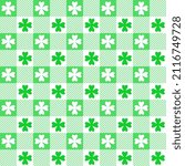St. Patricks Day seamless pattern. Trefoil on checkered background. Vector.