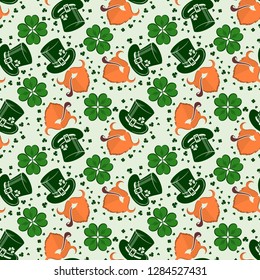 St. Patrick's Day seamless pattern with leprechaun, hat and clover. Vector illustration.