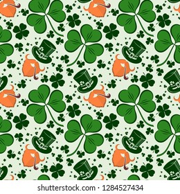 St. Patrick's Day seamless pattern with leprechaun, hat and clover. Vector illustration.