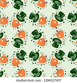 St. Patrick's Day seamless pattern with leprechaun, hat and clover. Vector illustration.