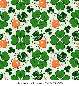 St. Patrick's Day seamless pattern with leprechaun, hat and clover. Vector illustration.