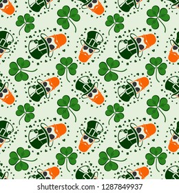 St. Patrick's Day seamless pattern with leprechaun, hat and clover. Vector illustration.