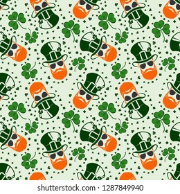 St. Patrick's Day seamless pattern with leprechaun, hat and clover. Vector illustration.