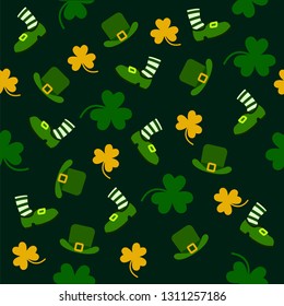 St Patricks Day Seamless Pattern With Leafs, Hats And Shoes