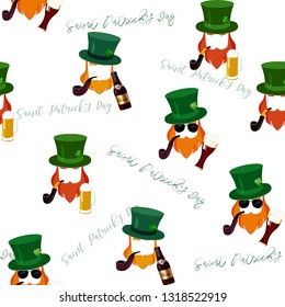 St. Patrick's Day seamless pattern with leprechaun, hat and beer