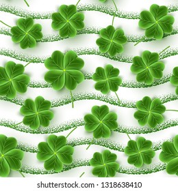 St. Patricks Day seamless pattern of realistic Clover leaves. Green Shamrock grass wallpaper for holidays design. Lucky flower texture for Irish beer festival. Scottish ornament. Vector illustration