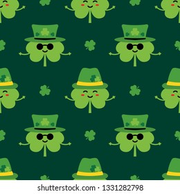 St. Patrick's Day seamless pattern background with cute shamrock, clover cartoon characters in green leprechaun hats.