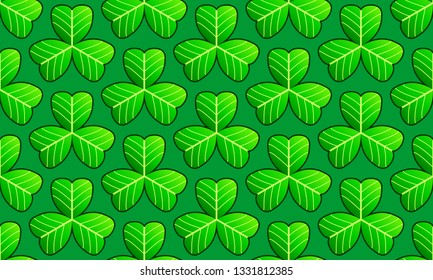 St. Patrick's Day seamless pattern with threeleaf clovers on green background