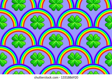 St. Patrick's Day seamless pattern with fourleaf clovers and rainbows on lilac background