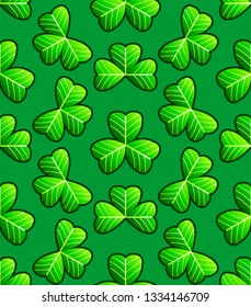 St. Patrick's Day seamless pattern with threeleaf clovers on green background