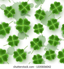 St Patricks Day seamless pattern of realistic Clover leaves. Green Shamrock grass wallpaper for holidays design. Lucky flower brush texture for Irish festival. Scottish ornament. Vector illustration