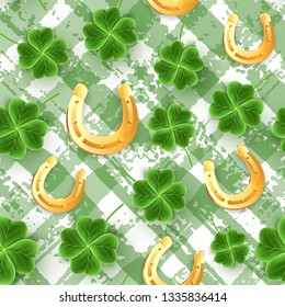 St Patricks Day seamless pattern of realistic Gold Horse Shoe and Clover leaves. Green Shamrock grass wallpaper for holidays design. Lucky flower striped texture for Irish, Scottish festival. Vector i