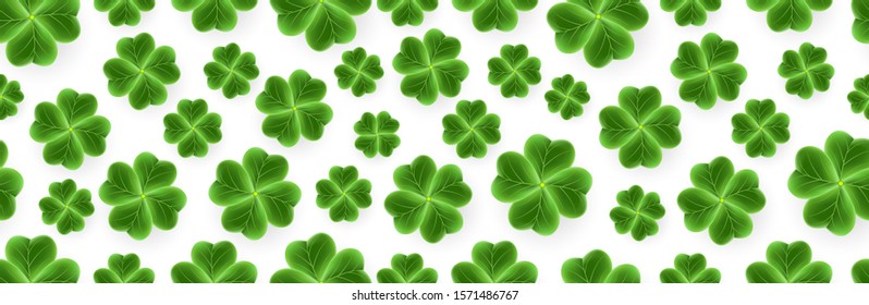 St. Patricks Day seamless pattern of realistic Clover leaves. Vector Web Header. Green Shamrock grass wallpaper for holidays design. Lucky flower texture for Irish festival. Scottish spring ornament