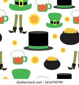 St Patrick's Day. Seamless pattern with irish symbols. Green and black leprechaun hats. Beer cup. Pot with gold. Legs in spriped socks and black shoes. For greeting cards, textile and wrapping paper