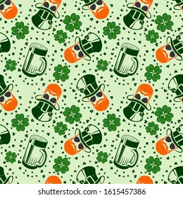 St. Patrick's day seamless pattern with Leprechaun and Beer mugs.