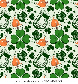 St. Patrick's day seamless pattern with Clover leafs and Beer mugs.