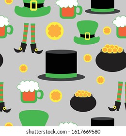 St Patrick's Day. Seamless pattern with irish symbols. Green and black leprechaun hats. Beer cup. Pot with gold. Legs in spriped socks and black shoes. For greeting cards, textile and wrapping paper