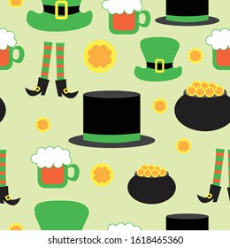 St Patrick's Day. Seamless pattern with irish symbols. Green and black leprechaun hats. Beer cup. Pot with gold. Legs in spriped socks and black shoes. For greeting cards, textile and wrapping paper