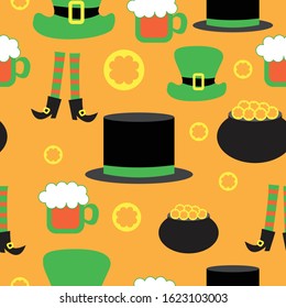 St Patrick's Day. Seamless pattern with Irish symbols. Green and black leprechaun hats. Beer cup. Pot with gold. Legs in striped socks and black shoes. For greeting cards, textile and wrapping paper