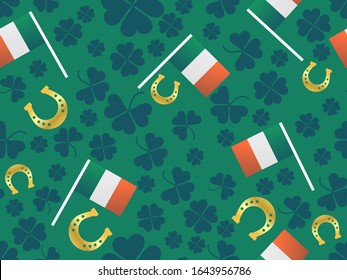 St. Patrick's Day seamless pattern, Irish holiday. Festive background with clover leaf, horseshoes and Irish flag. Vector illustration