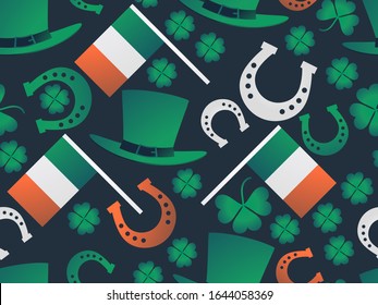 St. Patrick's Day seamless pattern, Irish holiday. Festive background with clover leaf, leprechaun hat, horseshoes, Irish flag. Vector illustration