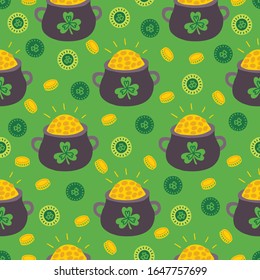 St. Patrick's Day seamless pattern with pots of gold, clover and coins on green background. Perfect for wallpaper, greeting cards, wrapping paper, holiday design. Hand drawn vector illustration