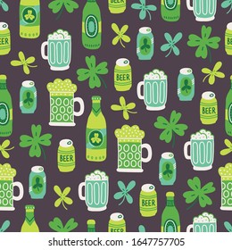 St. Patrick's Day seamless pattern with clover leaves, beer bottles and glasses on dark background. Perfect for wallpaper, greeting card, wrapping paper, holiday design. Hand drawn vector illustration