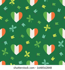 St. Patrick's Day seamless pattern with Irish flag, clover, heart on green background. Perfect for wallpaper, greeting cards, wrapping paper, holiday design. Vector illustration