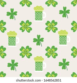 St. Patrick's Day seamless pattern with clover and beer glasses on beige background. Perfect for wallpaper, greeting cards, wrapping paper, holiday design. Vector illustration