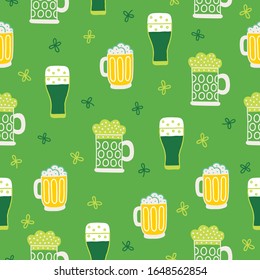 St. Patrick's Day seamless pattern with beer glasses and clover leaves on green background. Perfect for wallpaper, greeting cards, wrapping paper, holiday design. Vector illustration