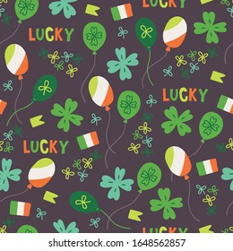 St. Patrick's Day seamless pattern with balloons, clover, Irish flags on dark background. Perfect for wallpaper, greeting cards, wrapping paper, holiday design. Vector illustration