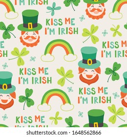 St. Patrick's Day seamless pattern with rianbow, Irish man, clover on turquoise background. Perfect for wallpaper, greeting cards, wrapping paper, holiday design. Vector illustration