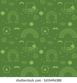 St. Patrick's Day Seamless Pattern with Clovers and traditional symbols. Perfect for wallpapers, pattern fills, web backgrounds, greeting cards and more