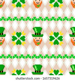 st. Patrick's day seamless pattern with cute,funny leprechauns, clovers and ornaments. Knitted festive illustration. Ugly sweater style.