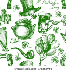 St. Patrick's Day seamless pattern with hand drawn sketch illustrations