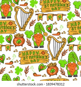 St Patrick's Day seamless pattern with gnomes, coins and letters, vector