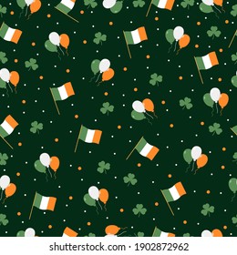 St Patrick's Day seamless pattern with Irish flag, clover, Ireland flag balloons on green background. Greeting card vector icons, wrapping paper and wallpaper vector illustration