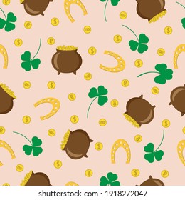 St. Patrick's Day seamless pattern with a money, shamrock, horseshoe and cauldron on pink background