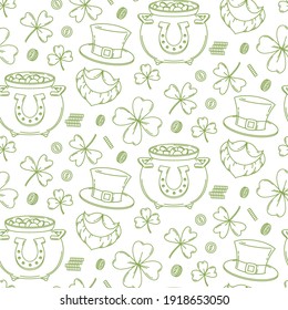 St. Patrick's Day seamless pattern, doodle holiday symbols