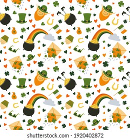 St. Patrick's day seamless pattern. Rainbow with pot of gold coins and cloud, leprechaun hat, irish flag and clover leaf. Vector illustration. Design for poster, banner, greeting cards, wrapping paper